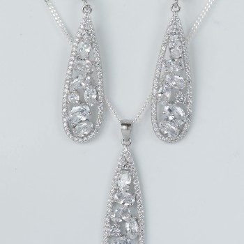 Sterling SIlver/CZ Long Teardrop Shape Pendant and Chain with Matching Long Drop Earrings